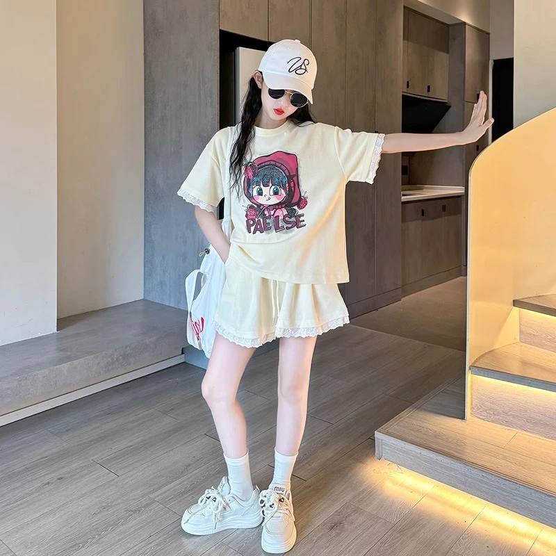 女童夏装休闲套装2025新款女大童洋气花边短袖短裤儿童韩版运动服