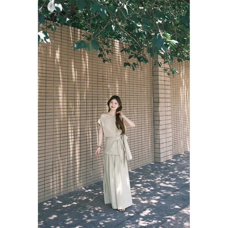 2025夏季新款系带露肩上衣时尚别致设计感法式小众半身裙套装女装