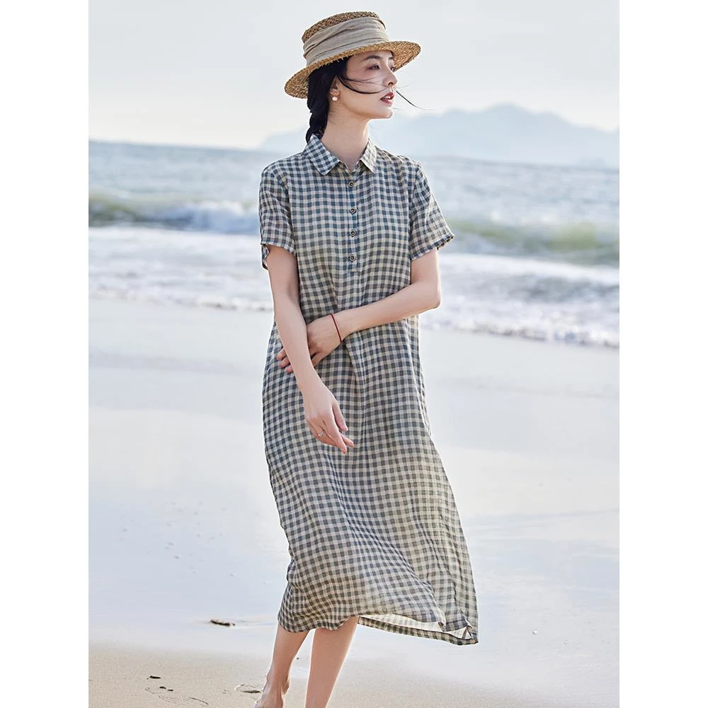 高端复古格子天丝苎麻连衣裙女2025新款夏季小个子棉麻衬衫裙薄款