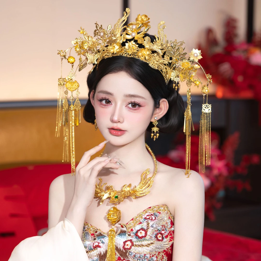 15411喜看优选新娘大气饰中式黄色古风汉服秀禾服龙凤褂流苏发饰