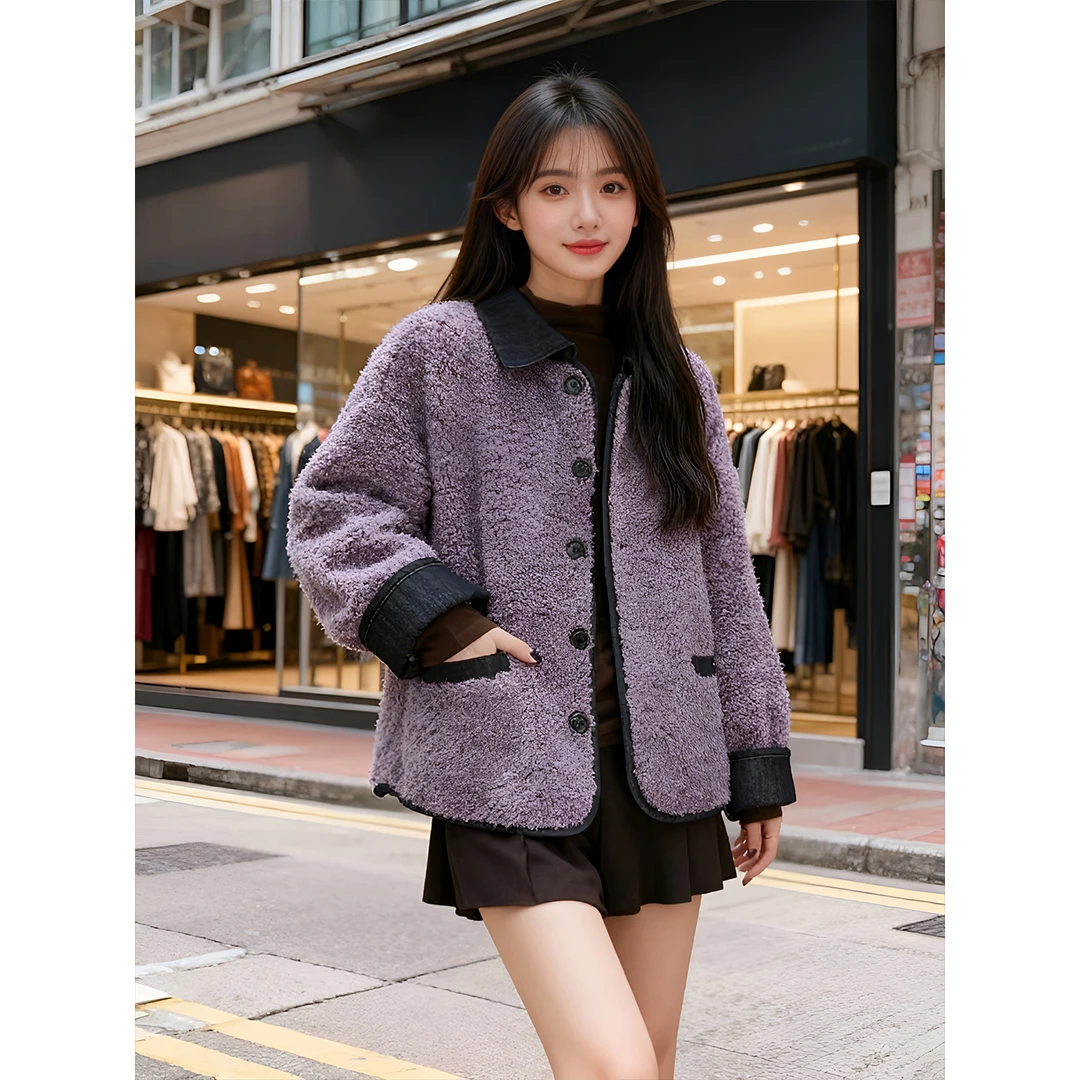 小香风撞色翻领加厚外套女冬季2025新款韩版小个子减龄百搭上衣