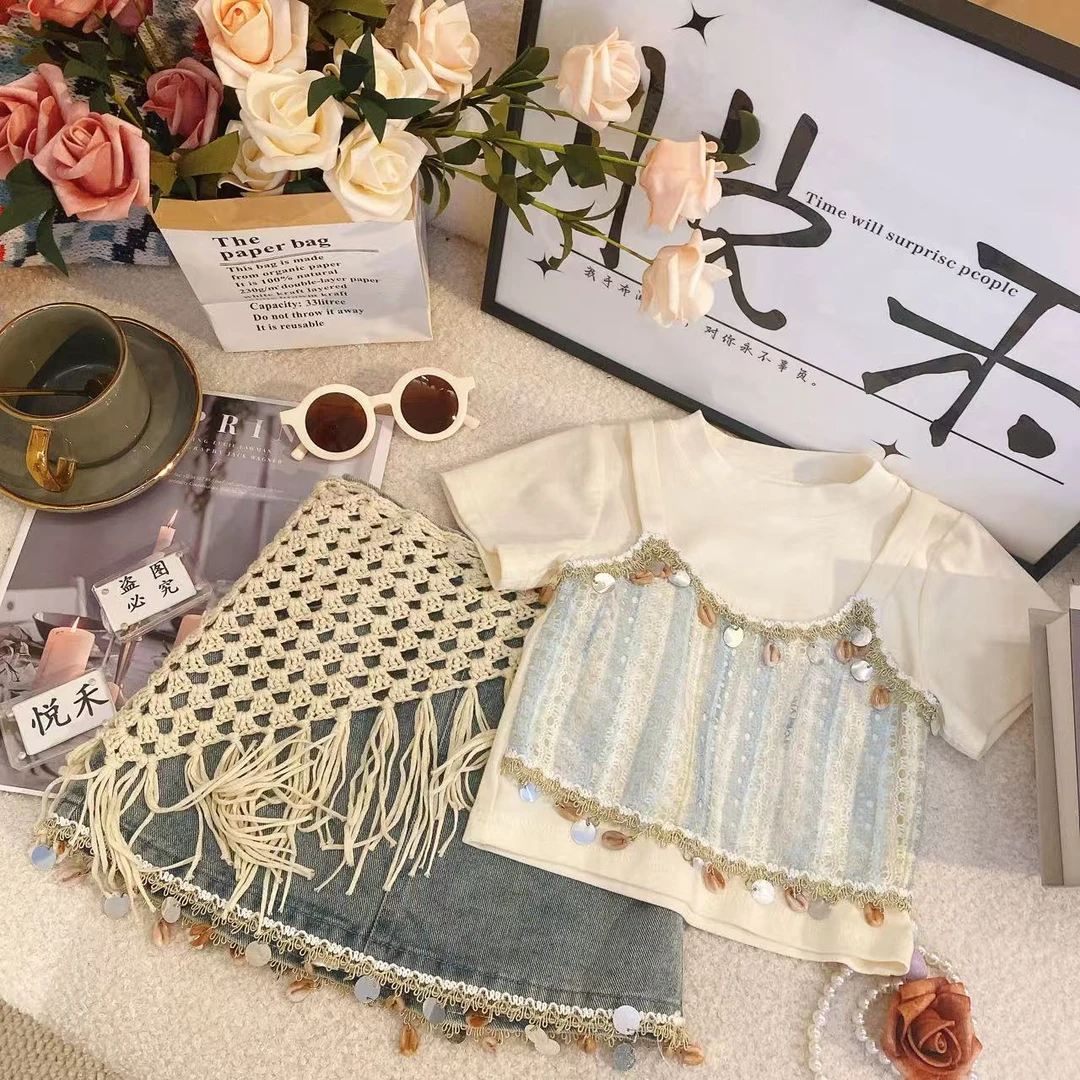 SH新款夏季女童吊带波西米亚上衣女宝洋气编织牛仔短裙套装8864