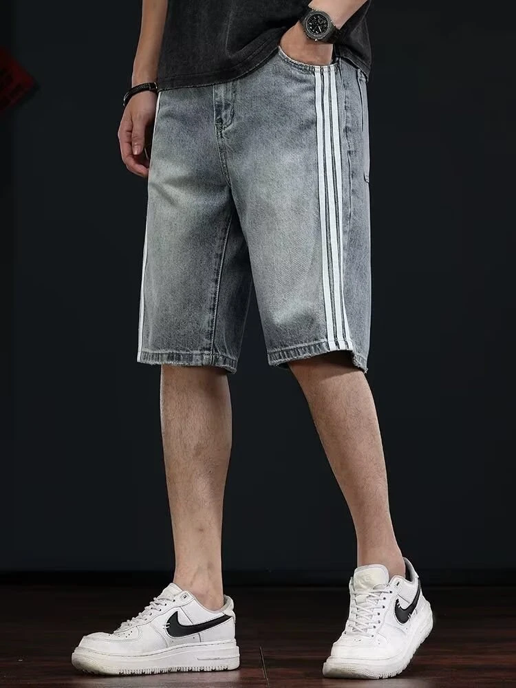 侧边条纹牛仔短裤男士潮牌美式复古浅色高街宽松直筒五分裤中裤子