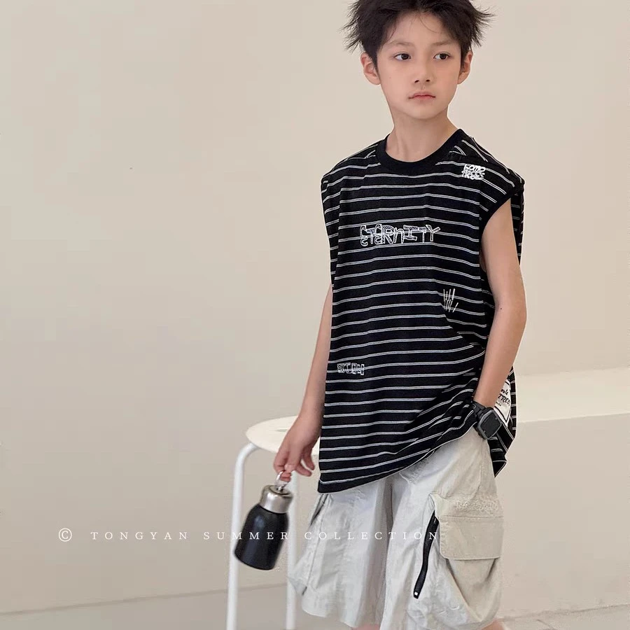 男童背心套装2025夏季新款中大童无袖条纹上衣洋气工装短裤两件套