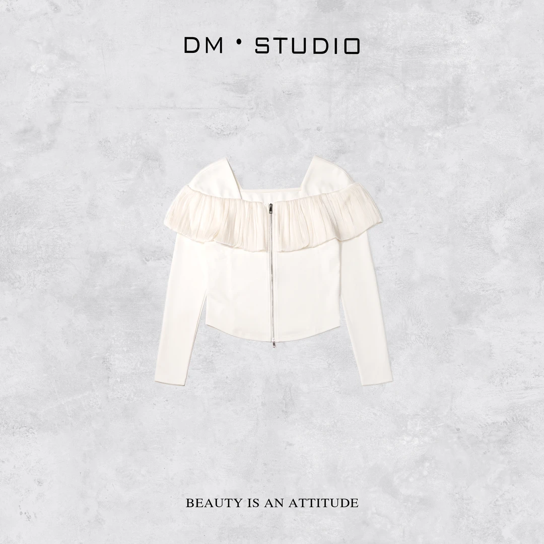 DEDM-DM•STUDIO/小众设计感气质荷叶边拉链长袖外套上衣（A28070）