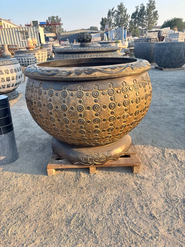 青石复古钱币门海石缸仿古做旧鱼缸花盆养鱼池流水摆件庭院聚宝盆