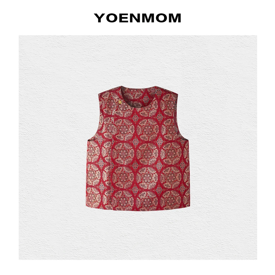 YOENMOM·团纹宝相·100桑蚕丝宋锦幻彩偏光斜襟款马甲