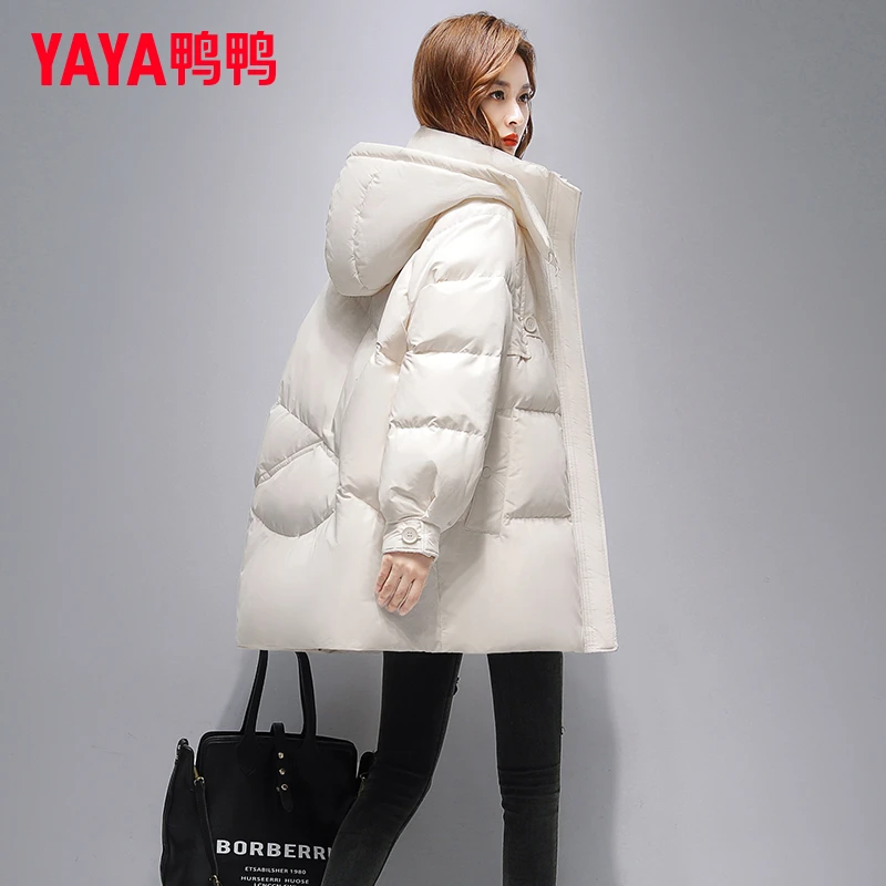 鸭鸭羽绒女服中长款2025冬季新款连帽设计感洋气宽松韩版保暖外套
