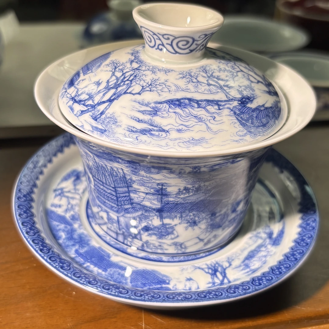 景德镇釉下彩清明上河图马蹄三才盖碗陶瓷高温瓷高档茶具