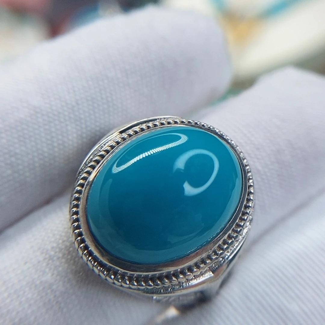 绿松石银S925镶嵌高瓷玉化蓝蛋面戒指