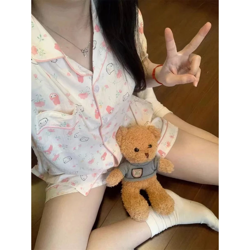 【SanRi】夏天开衫短袖可爱甜美卡通薄款女睡衣套装