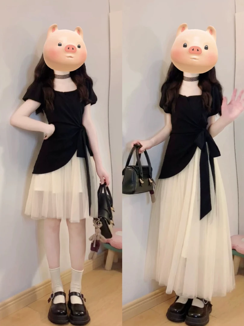 【张开心】法式真两件方领连显瘦遮肚不规则网纱蓬蓬裙套装