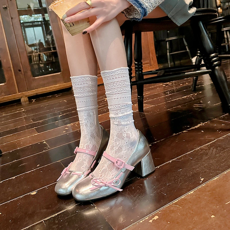 春季新款小个子增高6cm粗跟玛丽珍鞋女法式甜美蝴蝶结高跟单鞋