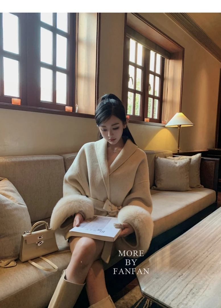 【都柏林1.0】反季清仓双面羊毛大衣袖口狐狸毛毛呢外套