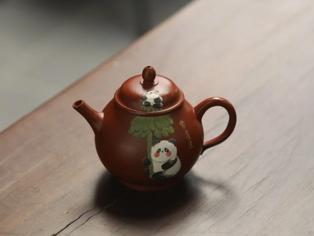 【禁止焦虑·高潘】朱泥·内推球孔·160cc泥绘紫砂壶
