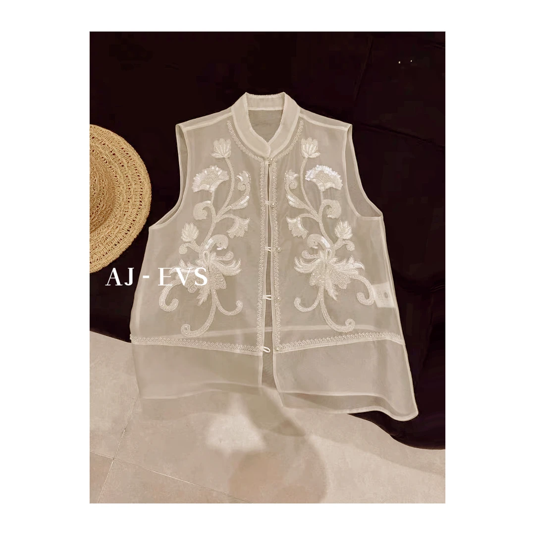 AJ-EVS【精致贵妇·重工手工绣花钉珠桑蚕丝欧干纱新中式马甲】