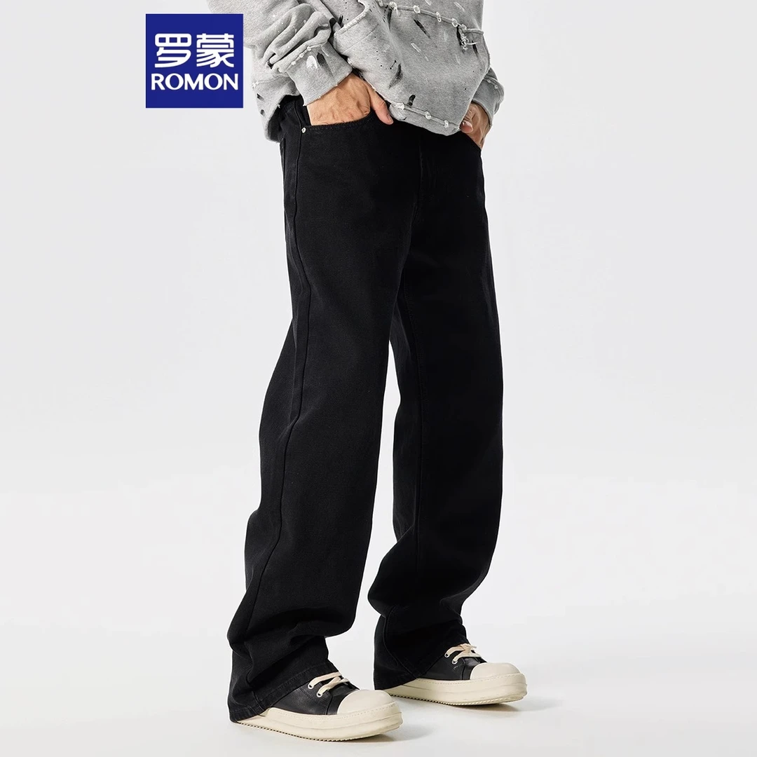 Romon/罗蒙水洗美式极简黑百搭直筒牛仔裤日常通勤宽松休闲长裤