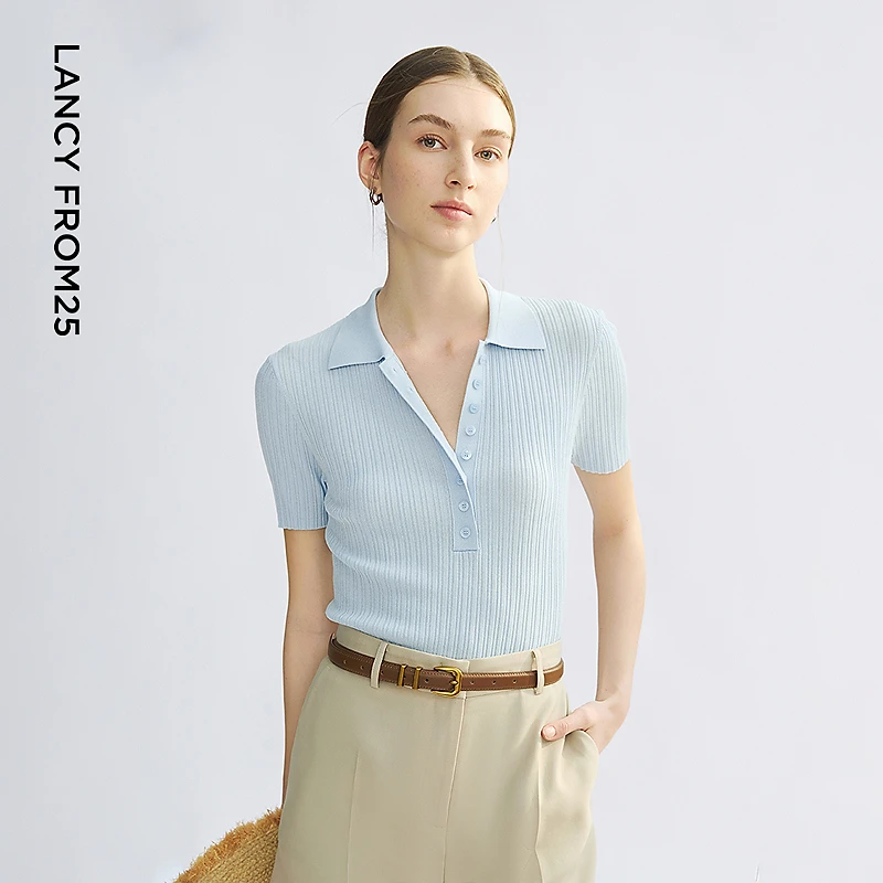 朗姿POLO领坑条肌理针织衫女纯色百搭休闲套头衫2025年夏季新款