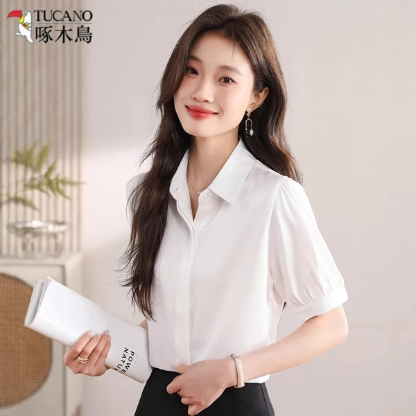 TUCANO/啄木鳥白色缎面短袖衬衫女夏季职业装不易皱教资面试衬衣