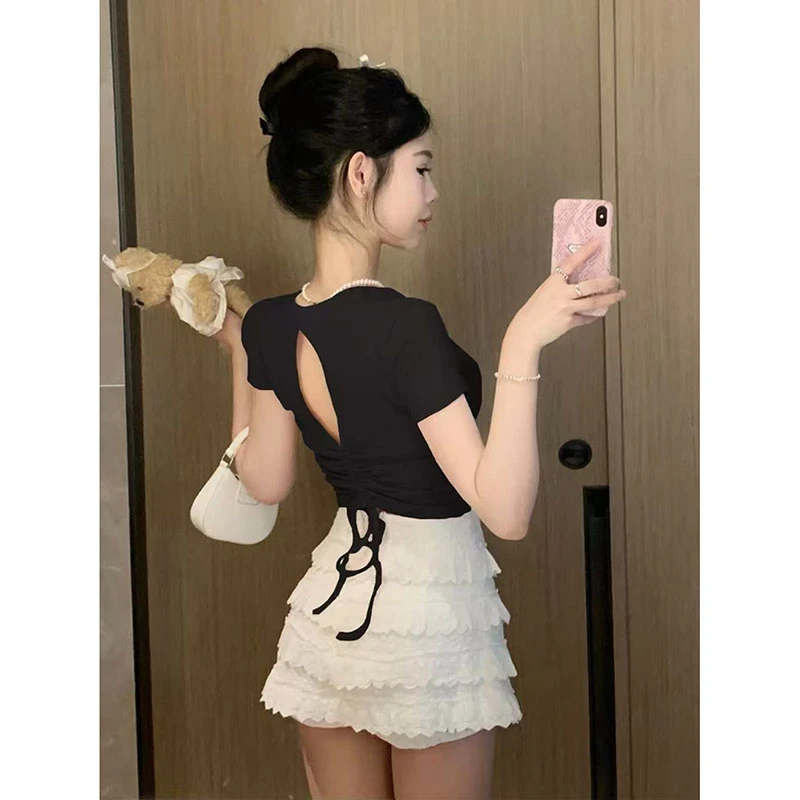 辣妹露背短袖t恤女装夏季新款短款抽绳设计感修身显瘦纯欲风上衣