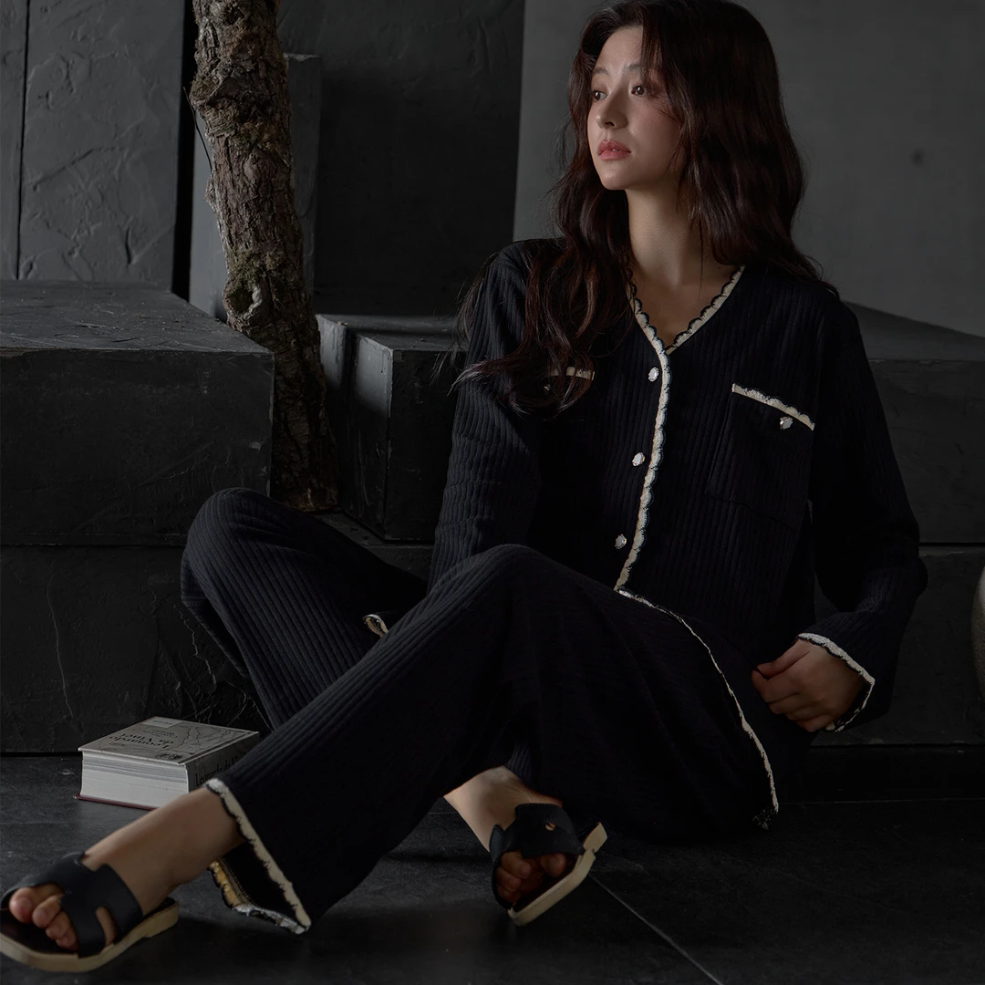 纯棉V领开衫长袖长裤睡衣女春秋季100棉高档黑色可外穿家居服套装