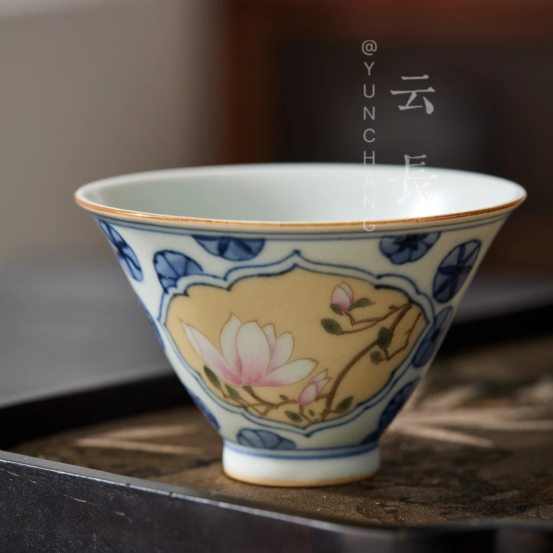 云长 景德镇手绘开窗玉兰皮球花斗笠杯复古主人杯纯手工釉下彩