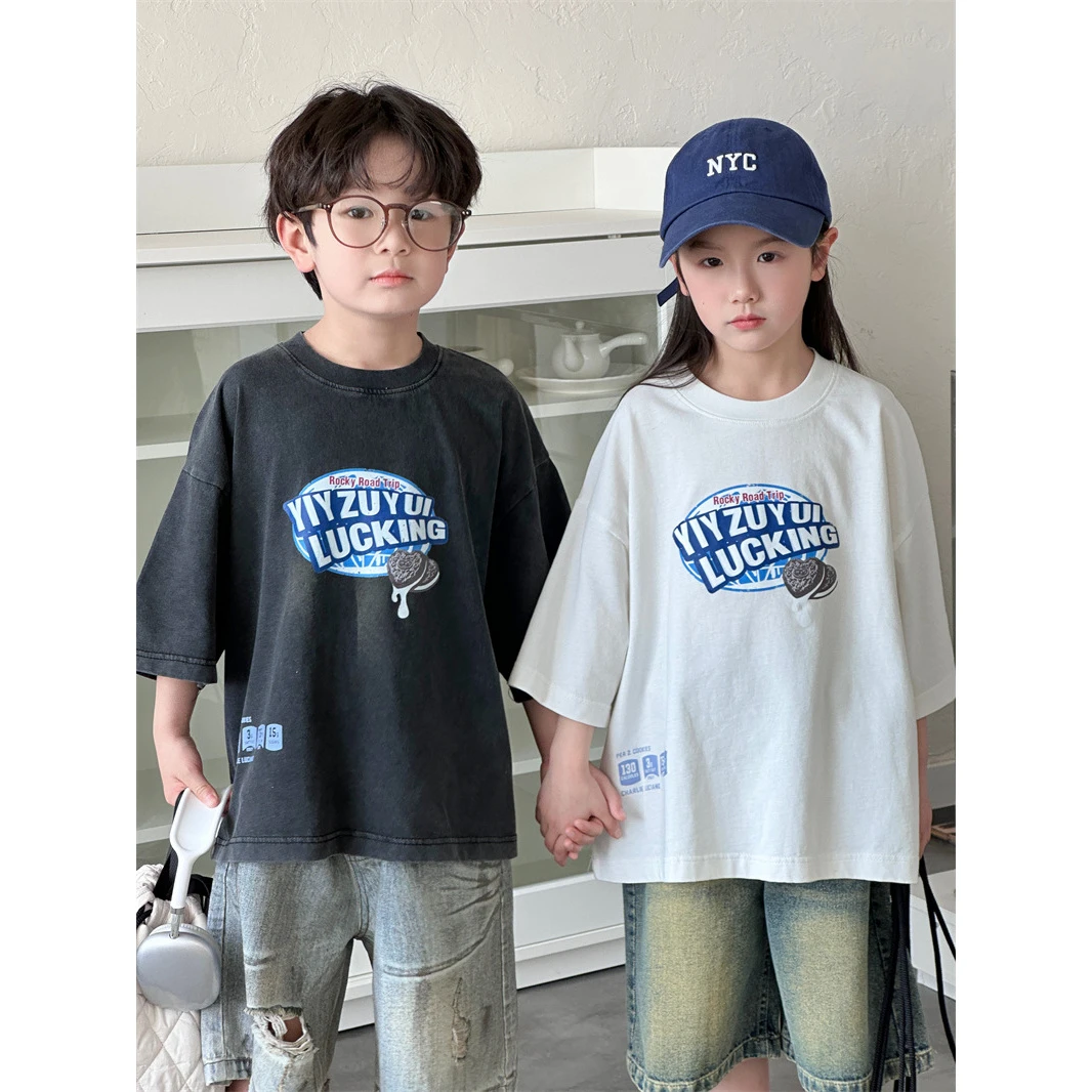 in 爱：mx25夏季韩版儿童炒色做旧短袖男童饼干印花休闲纯棉T恤303
