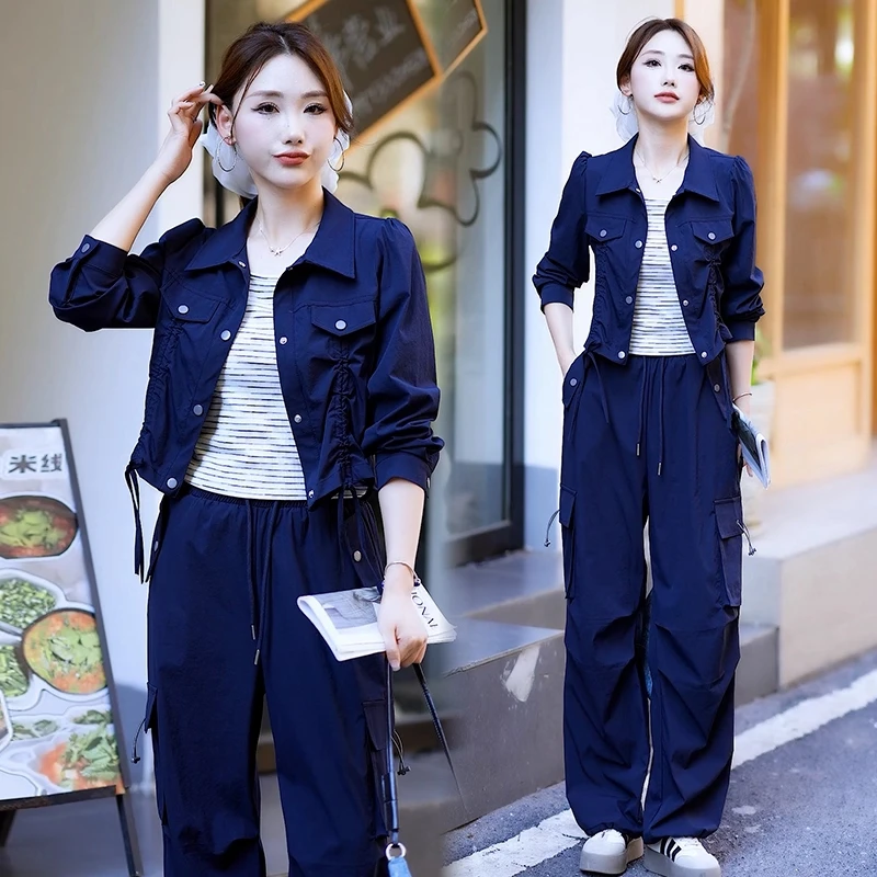 时尚工装套装女2025春秋新款宽松显瘦开衫长袖外套阔腿裤三件套潮