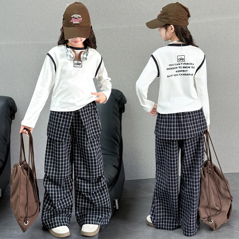 2025新款女大童棋盘格宽松套头时尚秋季套装格子裤休闲风春秋日韩