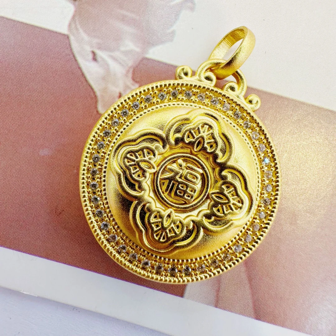 绳之运【爆款】足金999精工点钻福字圆牌吊坠轻奢时尚百搭