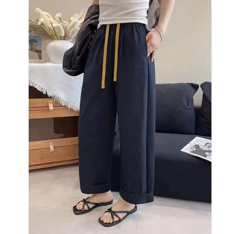 KJ26128新款抽绳松紧腰百搭宽松九分直筒裤子