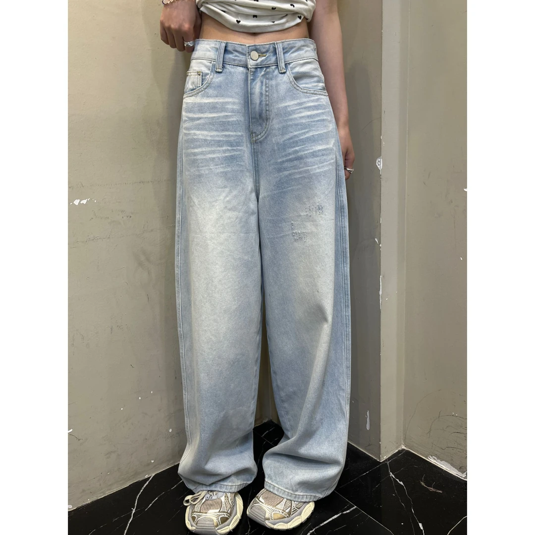 凡Fan【调性牛仔】夏季新款猫须工艺设计宽松阔腿水洗软牛