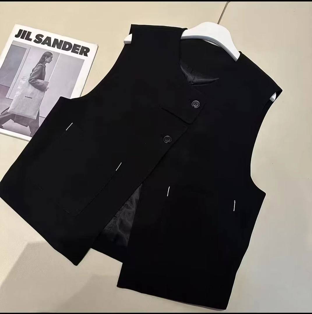 黑色百搭宽松型纽扣万能马夹时尚无袖秋冬小香风套装修身简约马甲