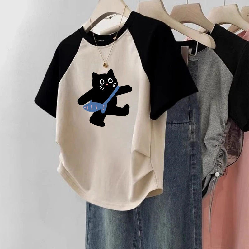 2025夏季女童短款T恤中大童复古ins洋气修身撞色插肩袖短袖上衣服