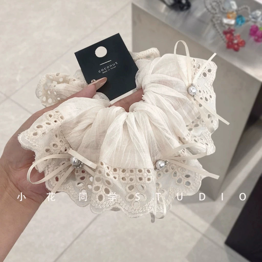 韩国发圈2025新款小众设计法式米白黑色蕾丝和大舅珍珠发圈大肠圈