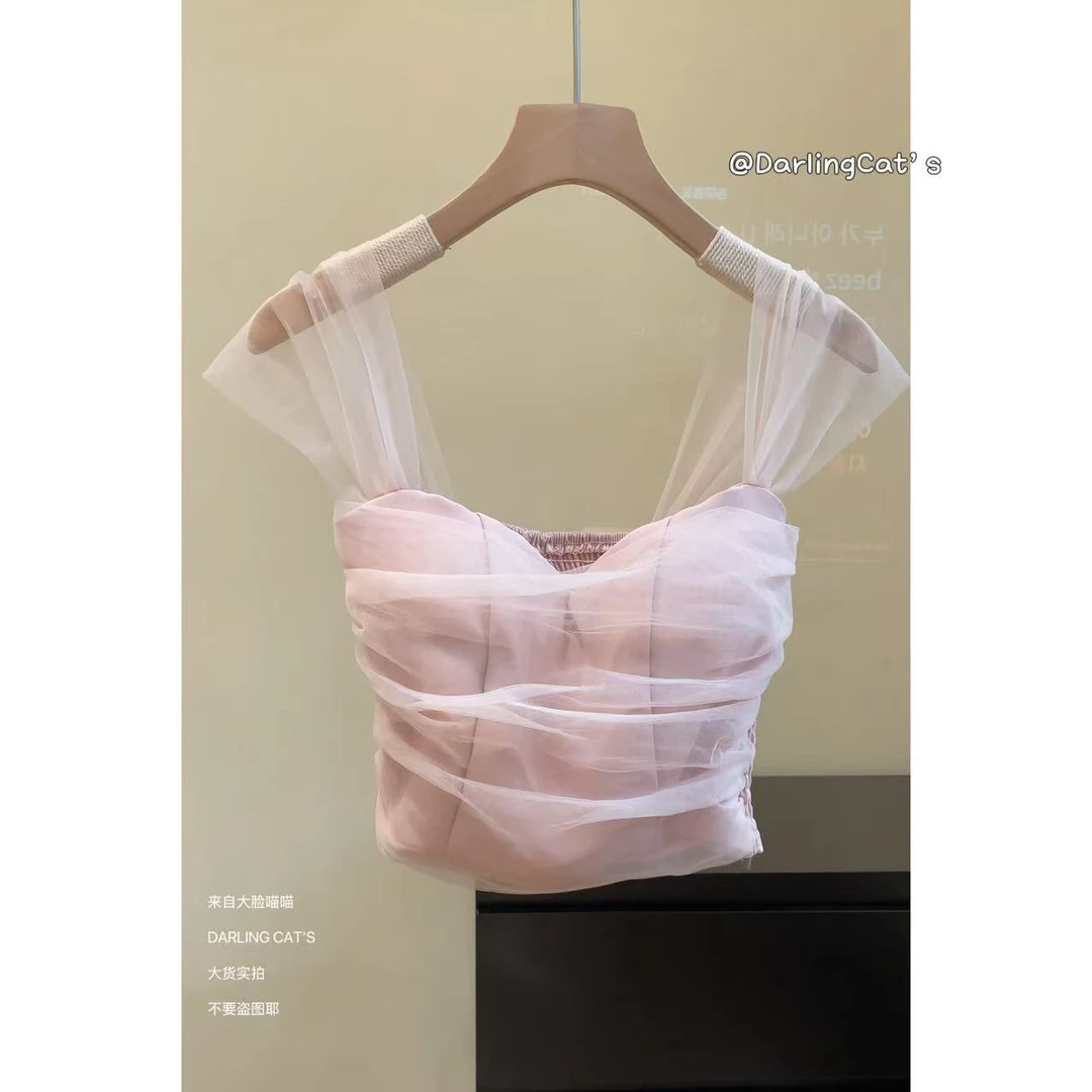 大脸喵 冷萃乌龙 网纱吊带露肩设计感短款显瘦气质法式一字肩背心