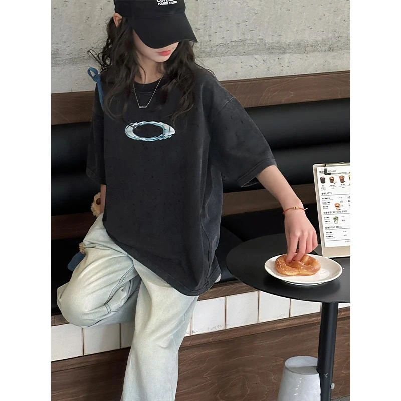 K28343做旧磨破女童短袖T恤2025夏装儿童半袖t大童春夏上衣打底衫