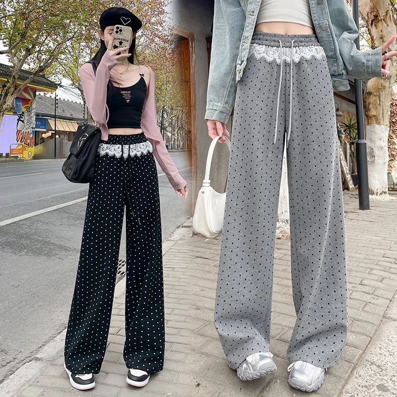 【现货+运费险】黑色洋气蕾丝阔腿裤女直筒2025高腰显瘦垂感拖地裤