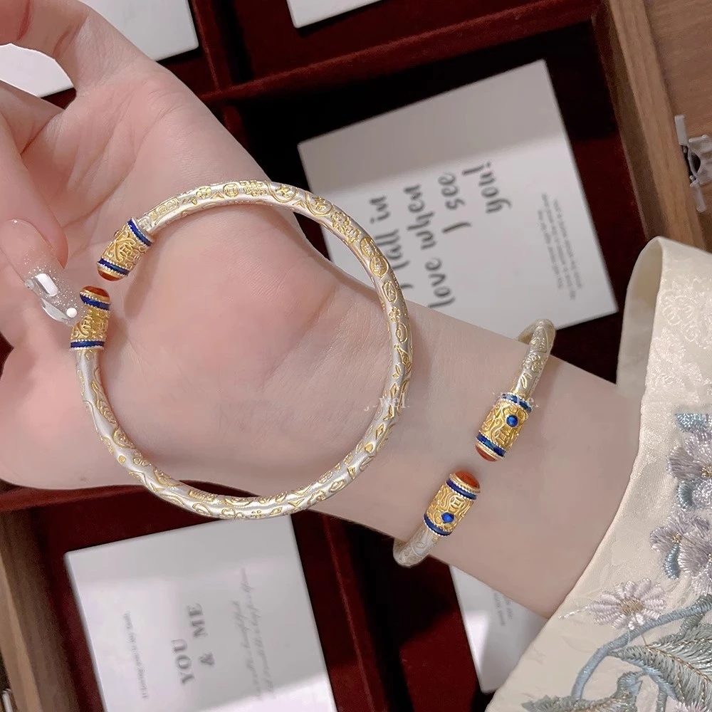 足银手镯 吉言描金纯银手镯女999足银珐琅彩开口实心银镯子送女友