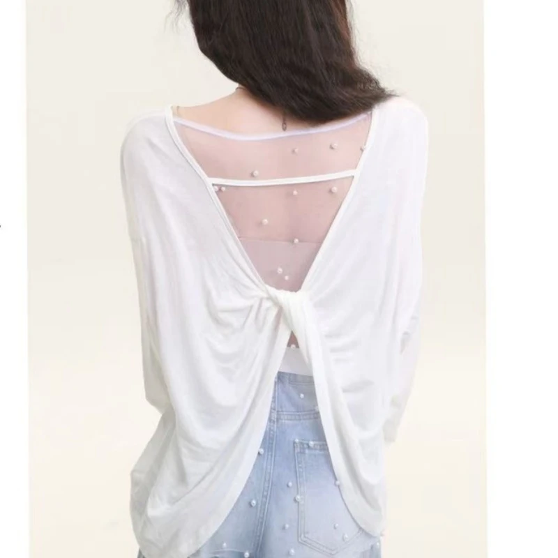 2025年夏季新款设计感韩版时尚气质露背扭结假两件珍珠女上衣
