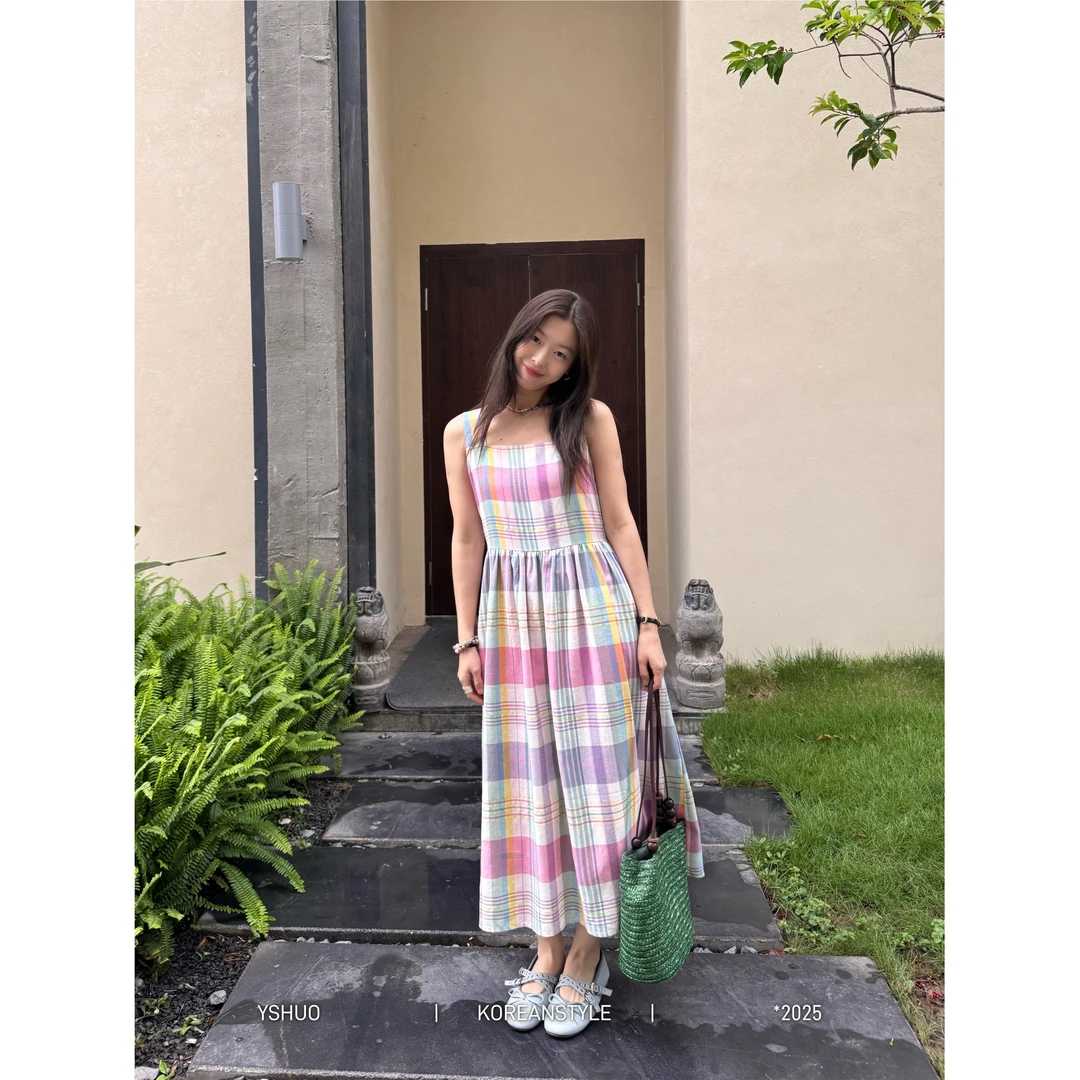 【清爽薄荷】韩版夏季甜美减龄休闲长款背心格纹连衣裙 6893