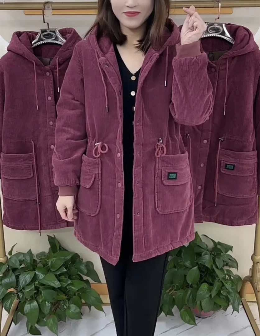 加厚加棉冬季保暖新款中长款中老年妈妈装时尚休闲连帽棉服外套