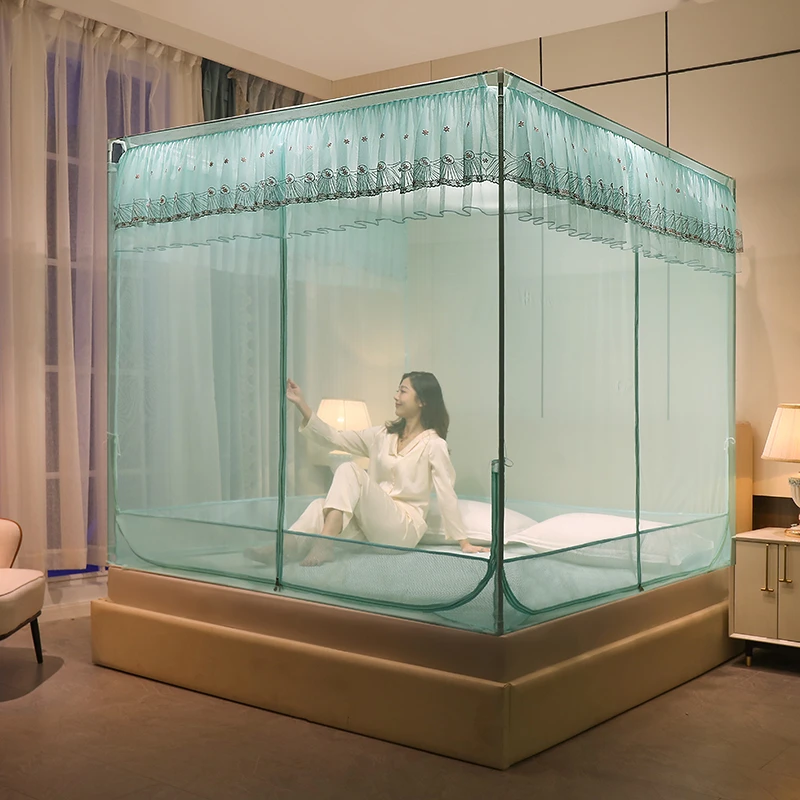 公主风双层花边防宝宝掉床方顶拉链蚊帐三开门有底加粗支架