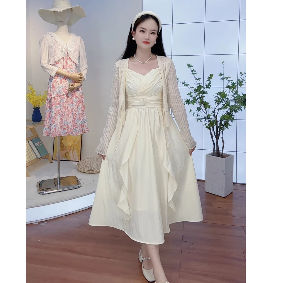 维斯优品·显瘦开衫法式茶歇夏新款海边度假收腰吊带裙两件套