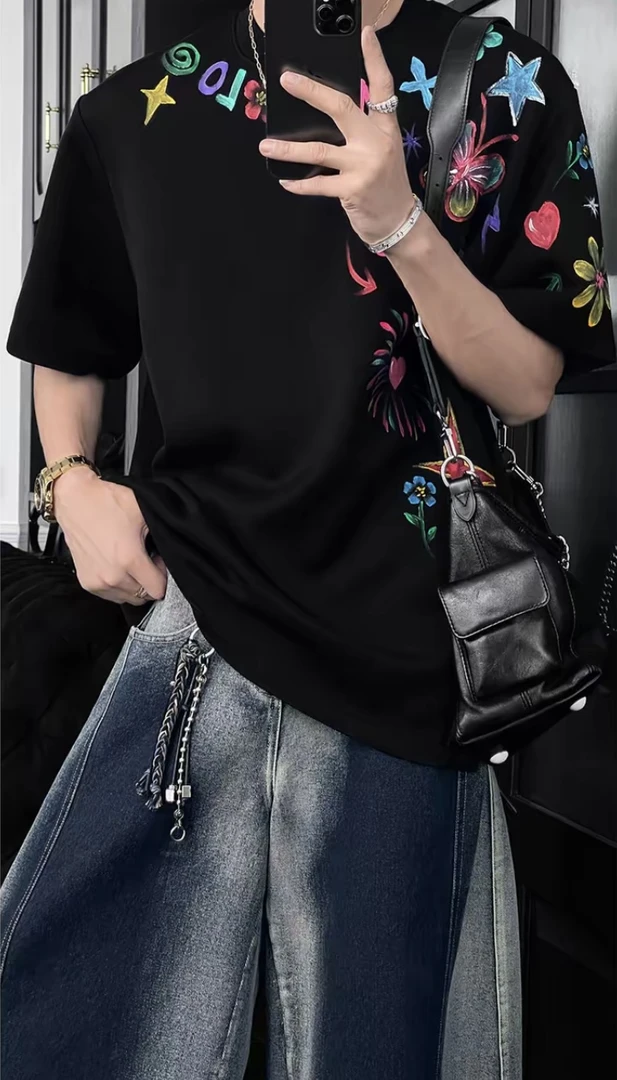 港澳型男情侣款重磅纯棉280克重短袖T恤涂鸦上衣宽松夏季男女同款