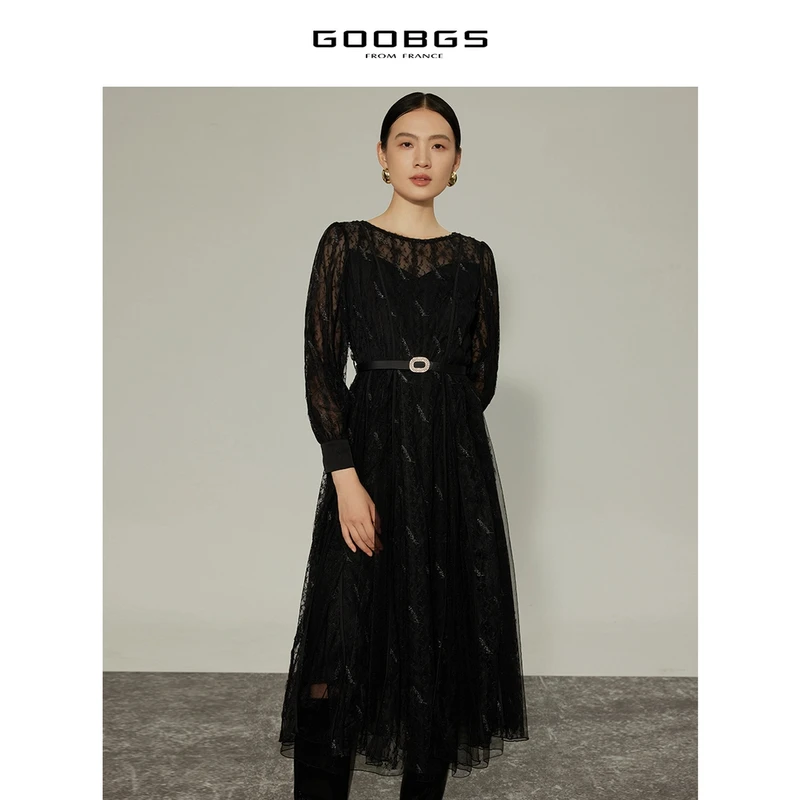 【谷邦L+】G2341643黑色蕾丝微透系带长袖连衣裙