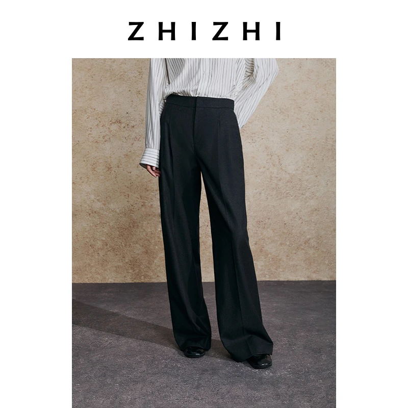 致知 采桑 精纺羊毛半松紧腰头阔腿长裤25年秋季新款ZZ2EAWK9027