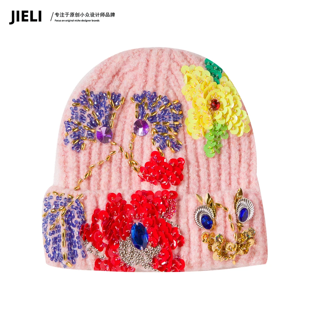 JIE LI/街力设计师时尚手工钉珠立体粉色帽子女Q9317