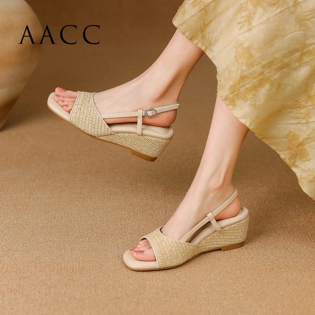 2025新款松糕底时装凉鞋坡跟鞋配裙子露趾一字带时尚女士凉鞋夏季
