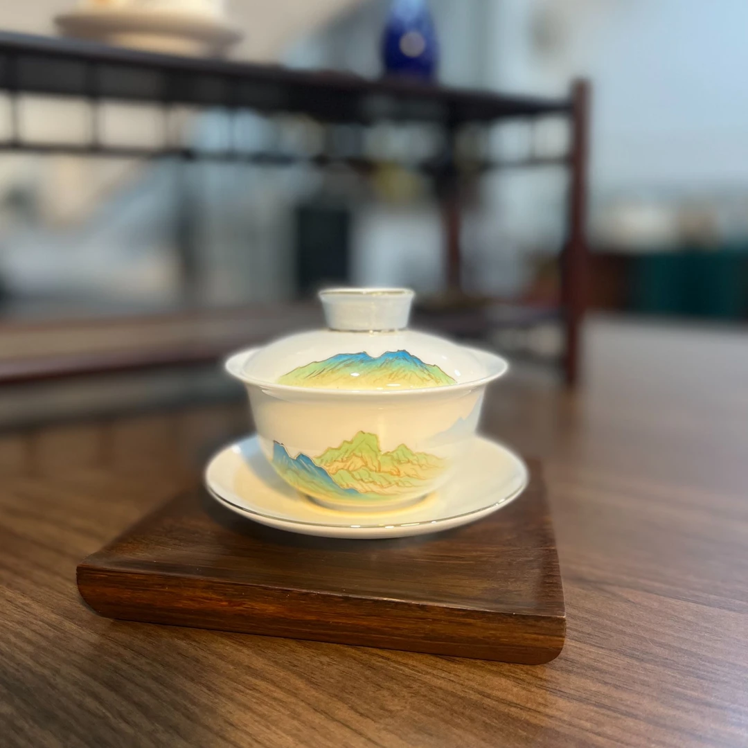 手绘千里江山盖碗功夫茶道茶具用具瓷盖碗
